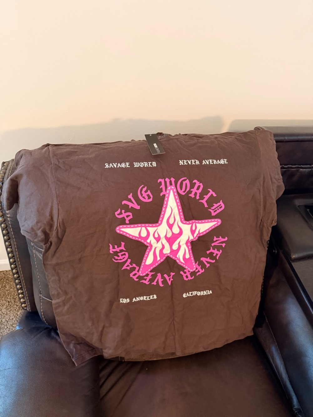 Fashion Nova Brown Tee with Pink Star Graphic